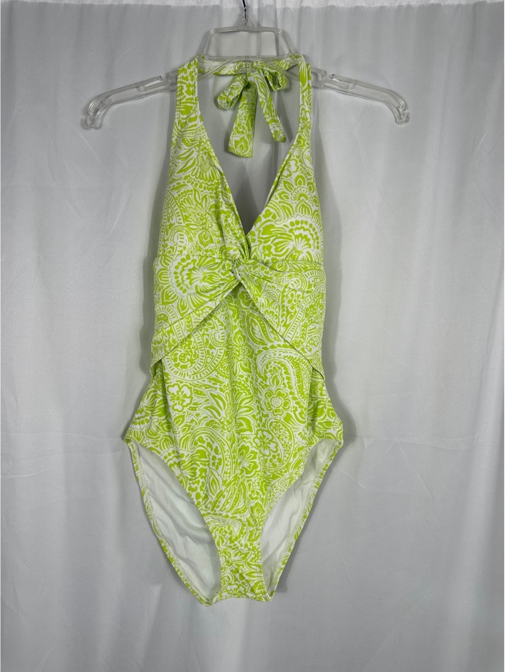 Ellen Tracy Lime Green & White Halter One-Piece Swimsuit
